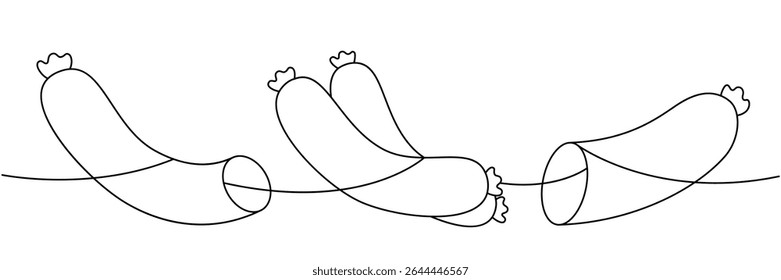 Enchidos de Frankfurters, salsichas de porco frescas um desenho contínuo de linha. Carne de talho. Ilustração vetorial.