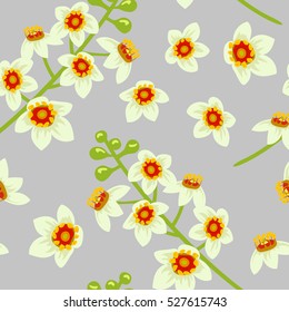Frankincense blossoming flower seamless pattern vector. Beautiful boswellia tree flowers on grey background. For greetings and postcards, banners, textile, prints, decoration, wallpaper, packing.