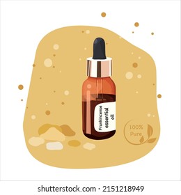 Frankincense essential oil in dark glass jar. Olibanum resin. Collection of oils for aromatherapy and spa. Vector cartoon flat style illustration isolated on white background.