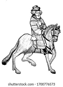 The Franklin from Chaucer's Canterbury Tales, this picture shows The Franklin riding on horse, vintage line drawing or engraving illustration