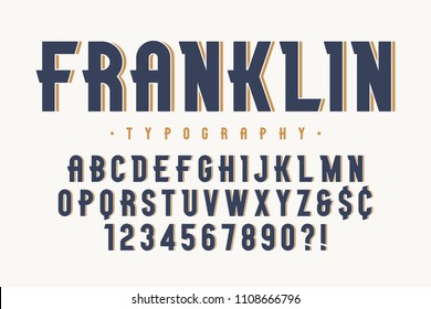 Franklin trendy vintage display font design, alphabet, typeface, letters and numbers, typography. Vector characters