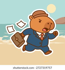 Frantic Capybara Executive Rushing on the Beach