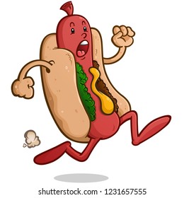 Frantic Hot Dog Cartoon Character Running Away from Danger in a Panic