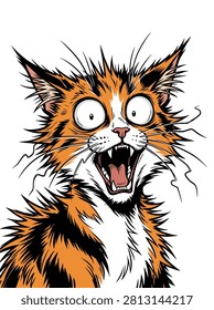 A frantic orange and black calico cat illustration with a shocked expression and open mouth on a white background