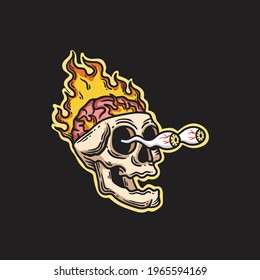 frantic skull illustration of burning brain and bulging eyes