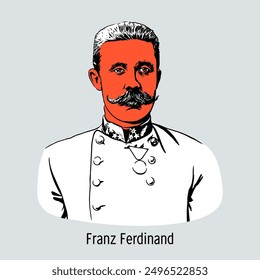 Franz Ferdinand - Archduke of Austria, since 1896 heir to the throne of Austria-Hungary. General of the cavalry. Vector illustration, hand drawn