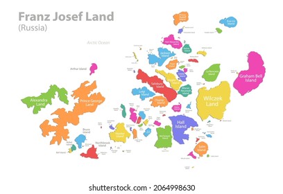 Mapa de Franz Josef Land, división administrativa, regiones individuales separadas con nombres, mapa de color aislado en el vector de fondo blanco