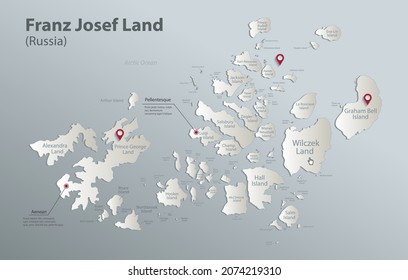 Franz Josef Land map, administrative division with names, blue white card paper 3D vector