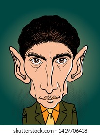 Franz Kafka cartoon portrait in line art illustration. He was a German-speaking Bohemian Jewish novelist and short story writer. Vector