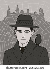 Franz Kafka German speaking writer with jackdaw (kavka, Czech) on shoulder and castle background. Funny Art. Vector