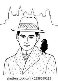 Franz Kafka German speaking writer with jackdaw (kavka, Czech) on shoulder and castle background. Funny Art. Vector.