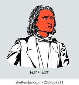 Franz Liszt foi um compositor húngaro-alemão, pianista virtuoso, professor, maestro, publicista e um dos principais representantes do romantismo musical. Ilustração de vetor desenhada à mão