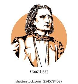 Franz Liszt foi um compositor húngaro-alemão, pianista virtuoso, professor, maestro, publicista e um dos principais representantes do romantismo musical. Ilustração de vetor desenhada à mão