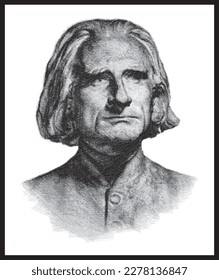 Franz Liszt portrait bust pen sketch illustration. German musician, composer, pianist, conductor, music teacher. Poster, Wall Decoration, Postcard, Social Media Banner, Brochure Cover Design Backgroun