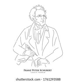 Franz Peter Schubert (31 January 1797 – 19 November 1828) A master of historical music. Line drawing portrait illustration.
