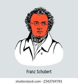 Franz Schubert was an Austrian composer, the founder of Romanticism in music, author of many chamber and solo piano works. Hand-drawn vector illustration