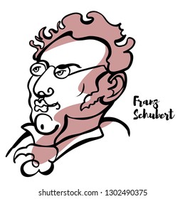 Franz Schubert engraved vector portrait with ink contours. Austrian composer of the late Classical and early Romantic eras.