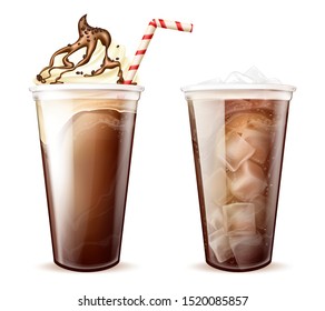 Frappe Coffee, Cola With Ice Cubes In Disposable Plastic Cups Set. Frappucino With Whipped Cream, Chocolate Or Caramel Topping And Soda Beverage. Cold Drinks Isolated Realistic 3d Vector Illustration