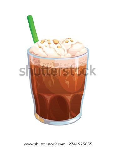 Frappe coffee or cold dessert drink in glass cup with drinking straw, cartoon vector. Frappe iced coffee or cappuccino freddo sweet dessert drink with milky foam froth and nuts or caramel flavor