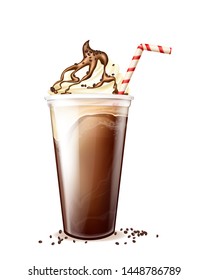 Frappe coffee in disposable plastic cup with straw, whipped cream, chocolate or caramel topping and scattered beans. Cold milkshake cocktail, sweet dessert Realistic 3d vector illustration