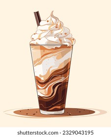 Frappe Coffee latte with whipping cream in watercolor drawing style