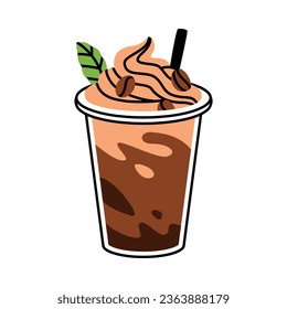 Frappe or Irish Coffee in Glass with Straw and Whipped Cream Vector Illustration