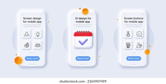 Frappe, Light bulb and Megaphone box line icons pack. 3d phone mockups with calendar. Glass smartphone screen. Download, Smile, Security web icon. Group, Medal pictogram. For web app, printing. Vector