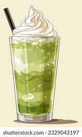 Frappe Matcha green tea latte with whipping cream in watercolor drawing style