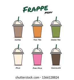 frappe menu - coffee, thai tea, green tea, milkshake, pink milk, chocolate with whipping cream illustration vector