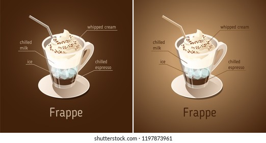 Frappe. Vector isometric icon on dark brown and beige background. Coffee cup with ingredients of the drink