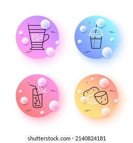 Frappe, Water glass and Coffee cocktail minimal line icons. 3d spheres or balls buttons. Potato icons. For web, application, printing. Cold drink, Soda drink, Milkshake. Fresh vegetable. Vector