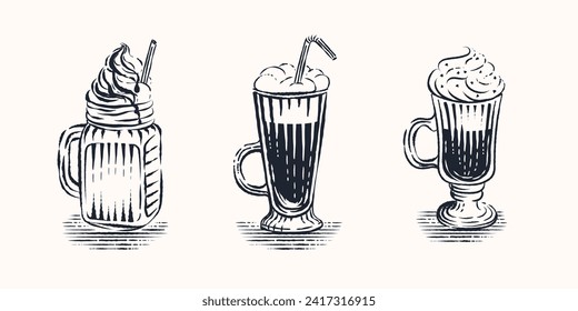 frappuccino, latte macchiato - set of Engraving coffee drinks illustration premium