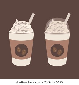 Frappuccino vector illustration. Coffee smoothie with cream and syrup. Delicious drinks.