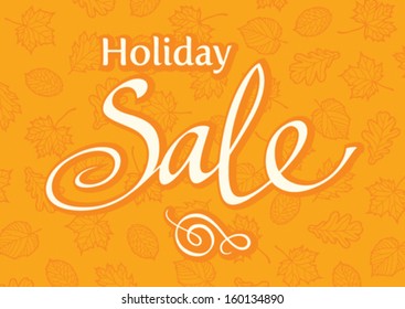 frase holiday  sale on yellow background with pattern of leaves