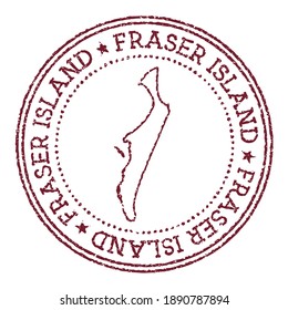 Fraser Island round rubber stamp with island map. Vintage red passport stamp with circular text and stars, vector illustration.