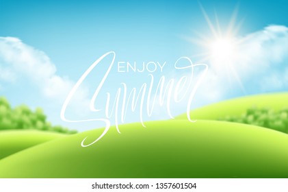 Frash green grass landscape background with handwriting Summer lettering. Vector illustration EPS10