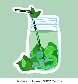 frash lemonade with basil and mint, in glass bottle and jug. Infused water and refreshment drink concept. Isolated vector illustration.