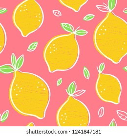 Frash lemons modern beauty seamless pattern, Hand drawn overlapping backdrop. Vector cartoon illustration design. Seamless pattern with lemon citrus fruits collection. Decorative illustration,print