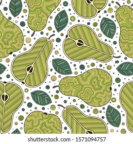 Frash pears modern beauty doodle seamless pattern. Hand drawn overlapping backdrop. Vector cartoon illustration design. Can be used for wallpaper, pattern fills, web page background, surface textures