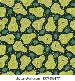 Frash pears modern beauty doodle seamless pattern on dark background. Hand drawn cartoon illustration design. Can be used for wallpaper, pattern fills, web page background, surface textures