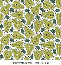 Frash pears modern beauty doodle seamless pattern. Hand drawn overlapping backdrop. Cartoon illustration design. Can be used for wallpaper, pattern fills, web page background, surface textures