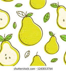 Frash pears modern beauty seamless pattern, Hand drawn overlapping backdrop. Vector cartoon illustration design. Seamless pattern with pear fruits collection. Decorative illustration,print