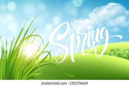 Frash Spring green grass landscape background with handwriting lettering. Vector illustration EPS10