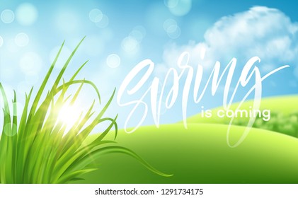 Frash Spring green grass landscape background with handwriting lettering. Vector illustration EPS10