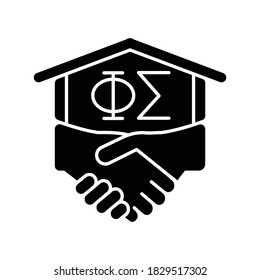 Fraternity black glyph icon. Fraternal organization in university. Men club, association. College fraternities. Student activities. Silhouette symbol on white space. Vector isolated illustration