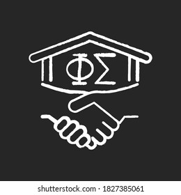 Fraternity chalk white icon on black background. Fraternal organization in university. Men club, association. College fraternities. Student activities. Isolated vector chalkboard illustration