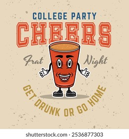 Fraternity collage party vector emblem, badge, label or logo with plastic cup of beer cartoon smiling character illustration on light textured background