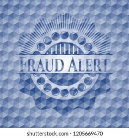 Fraud Alert blue badge with geometric pattern background.