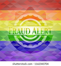 Fraud Alert emblem on mosaic background with the colors of the LGBT flag