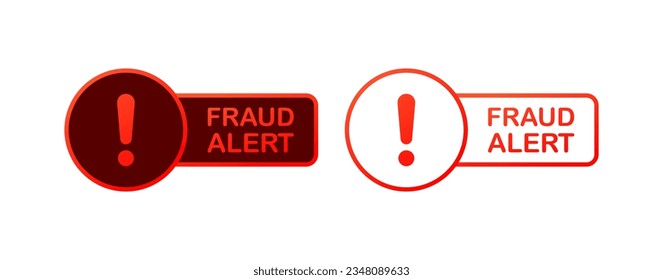 Fraud alert sign. Flat, red, warning icon, scam warning. Vector illustration